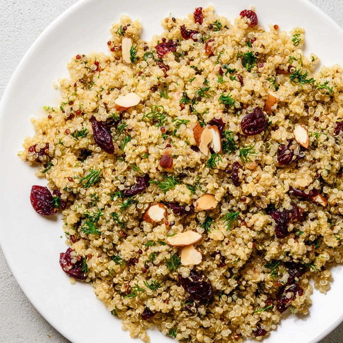 Golden Cranberry Herb quinoa salad in a white bowl, garnished with fresh herbs and toasted almonds, served with roast chicken.