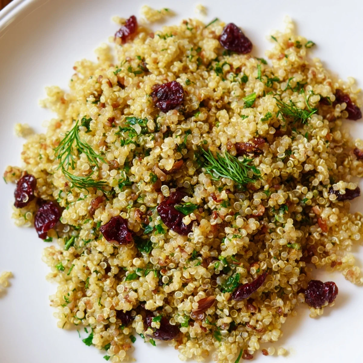 Close-up of Golden Cranberry Herb recipe, showing golden quinoa grains mixed with fresh parsley, dill, and thyme.