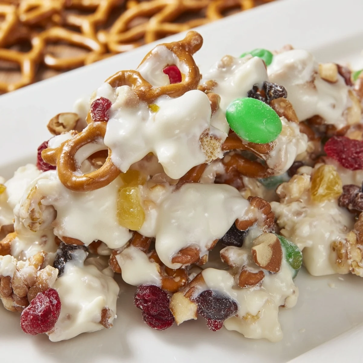 A close-up of Frosted Evergreen Mix with white chocolate drizzle, green M&Ms, and red cranberries on a rustic table.