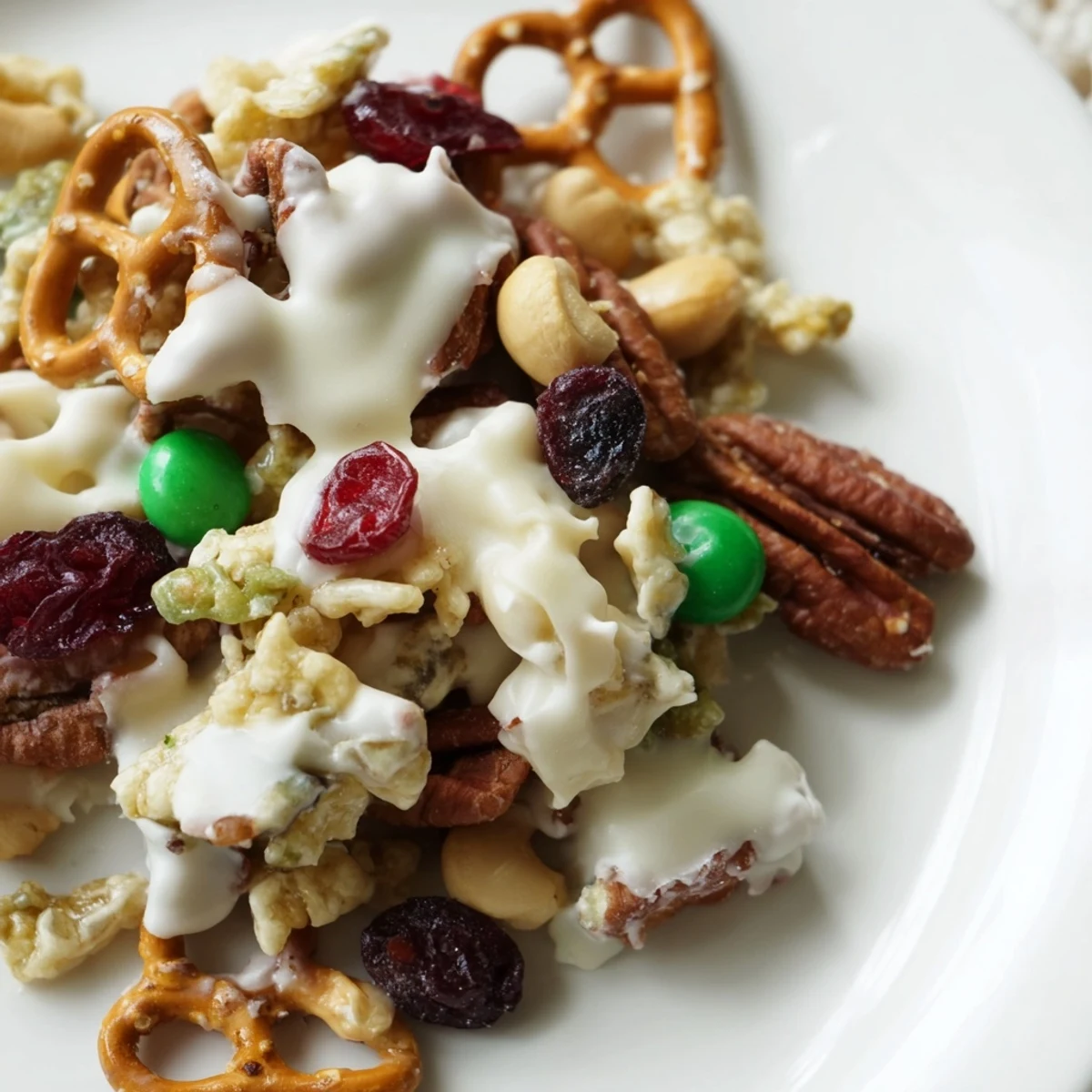 Overhead view of Frosted Evergreen Mix in a glass bowl, showing pretzels, candied pecans, and coconut for a holiday party.