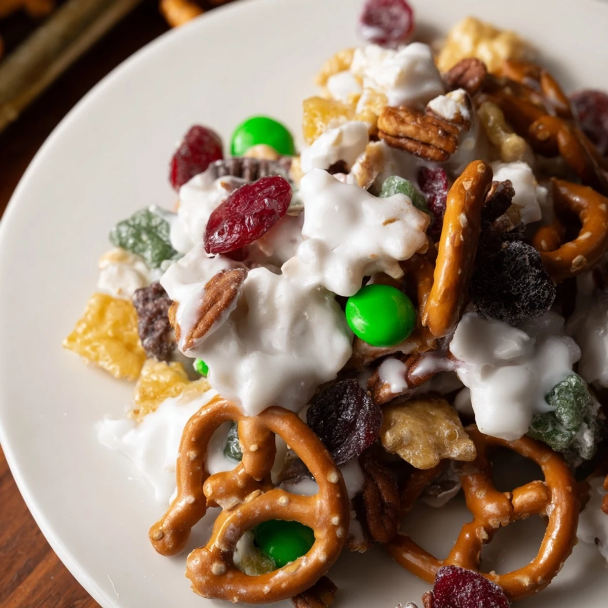 A festive party platter of Frosted Evergreen Mix beside hot cocoa, ready for a cozy winter snack spread.