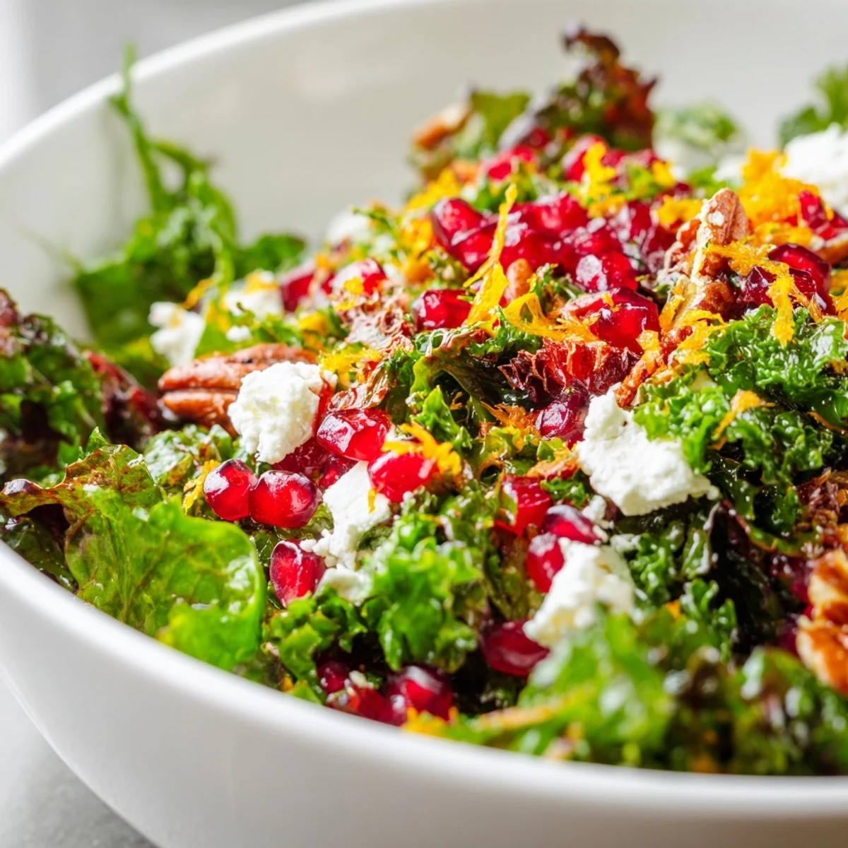 Vibrant bowl of Frosted Winter Greens with crumbled feta, candied pecans, and a sparkling citrus vinaigrette for winter.