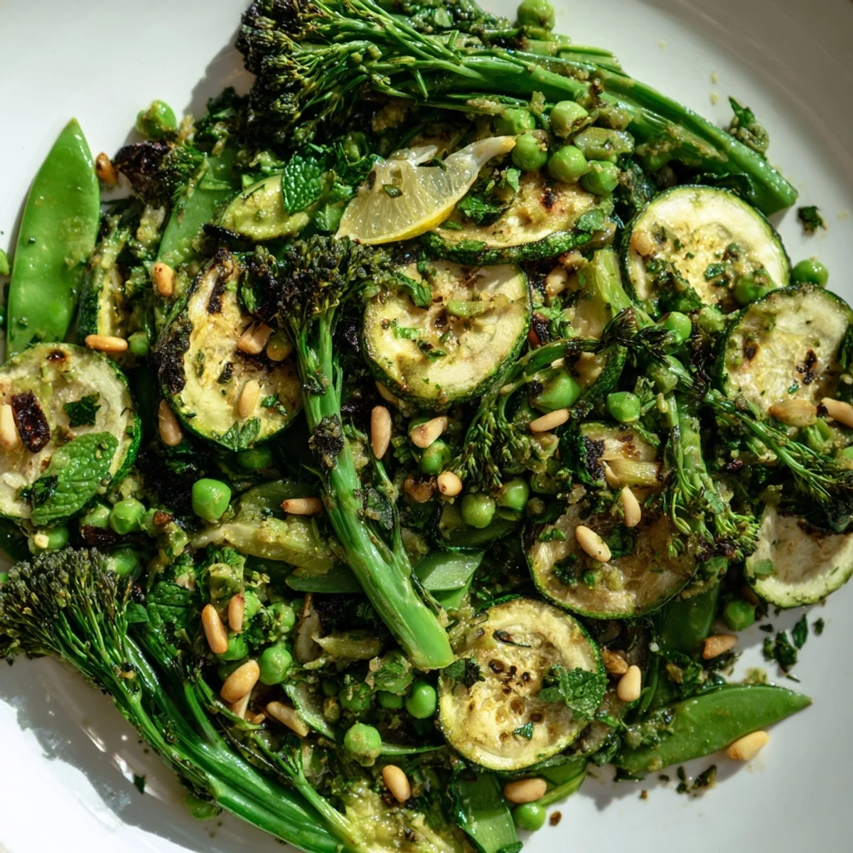 Emerald Charred Veg served warm on a platter, drizzled with zesty lemon-herb dressing and topped with toasted pine nuts for crunch.
