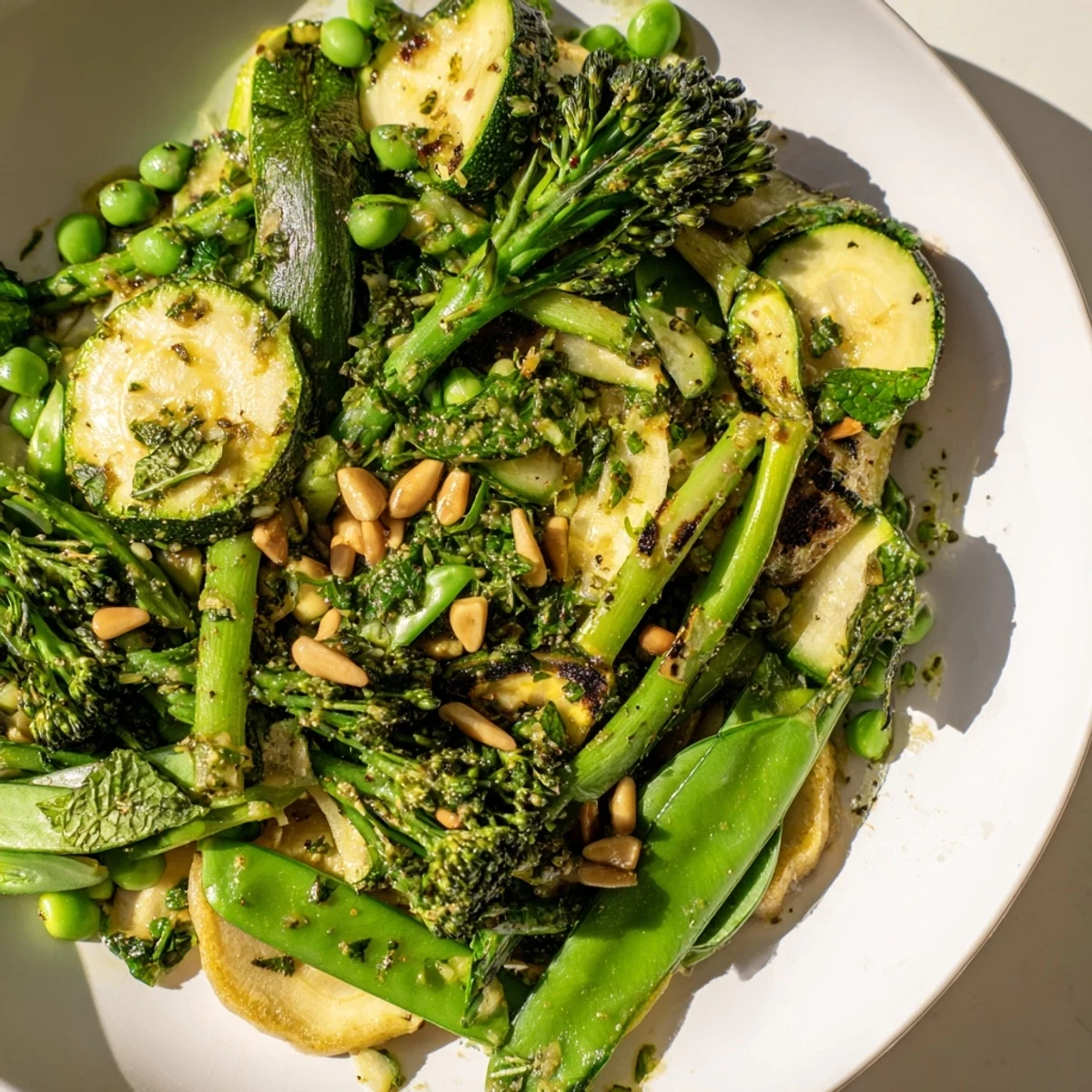 Freshly grilled Emerald Charred Veg arranged beside grilled tofu, showcasing lightly charred broccolini, asparagus, and vibrant green snap peas.