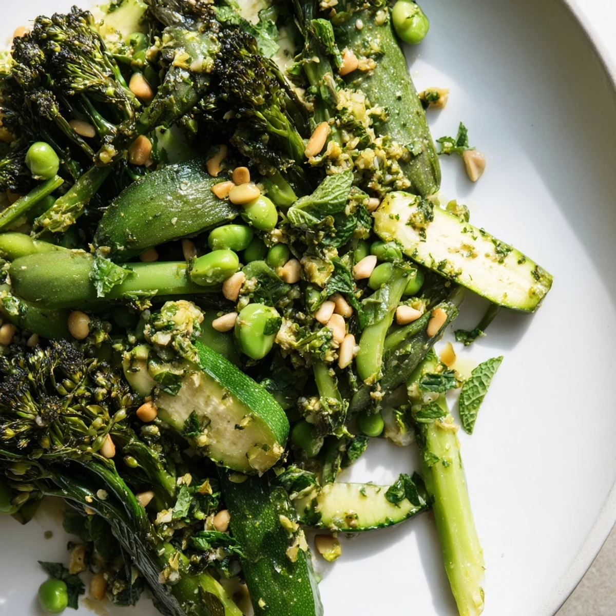Close-up of Emerald Charred Veg in a skillet, with glistening olive oil, lemon zest, and chopped parsley and mint.