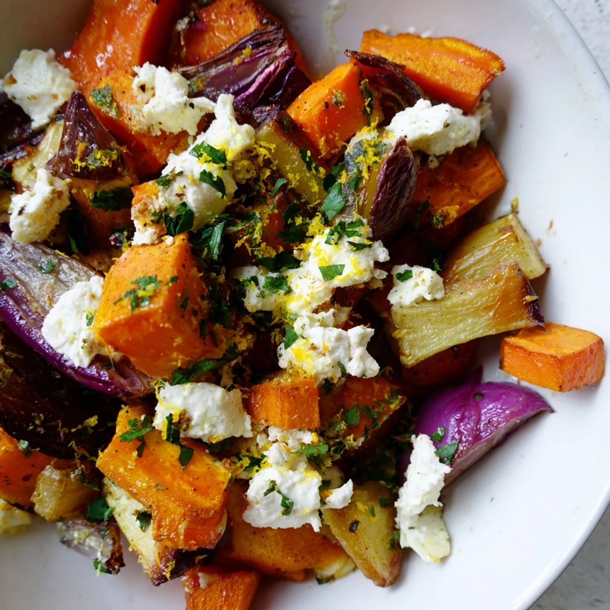 Roasted carrots, parsnips, and sweet potatoes topped with herbed goat cheese for a snowy finish.