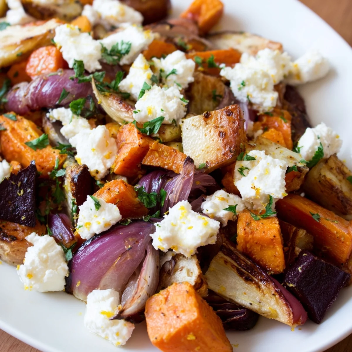 Warm Snowy Roasted Roots served fresh from the oven with a cozy, comforting vibe.