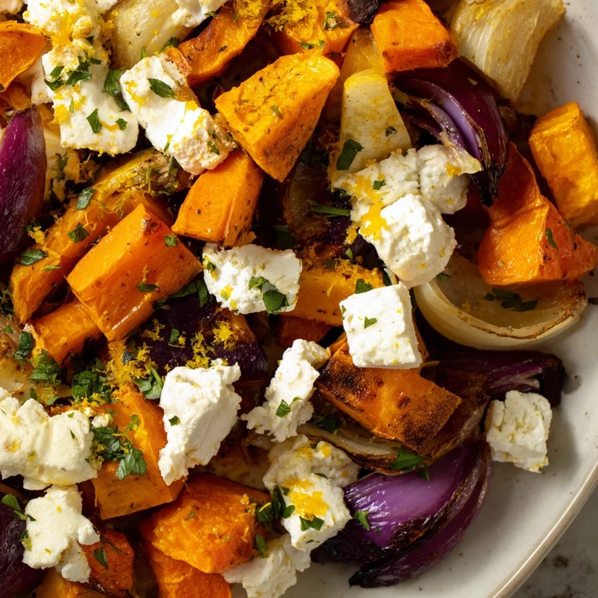 Herbed goat cheese melts over golden root vegetables in this vegetarian Snowy Roasted Roots dish.