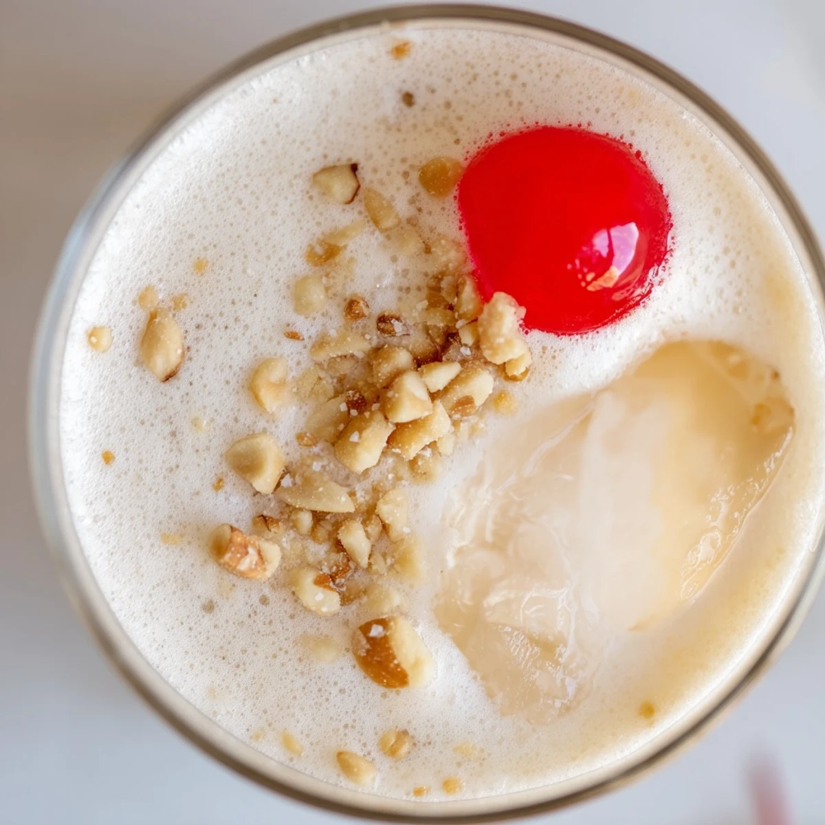 Creamy Frosted Toasted Almond cocktail is served over ice with a maraschino cherry garnish and almond aroma.