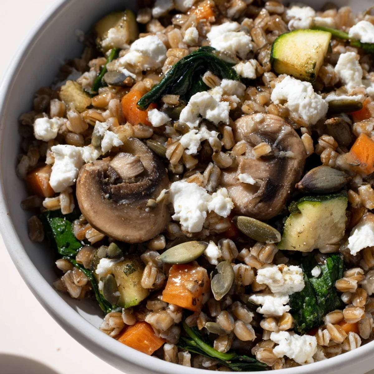 Warm Cozy Savory Grain bowl with sautéed vegetables and feta, served in a rustic bowl.