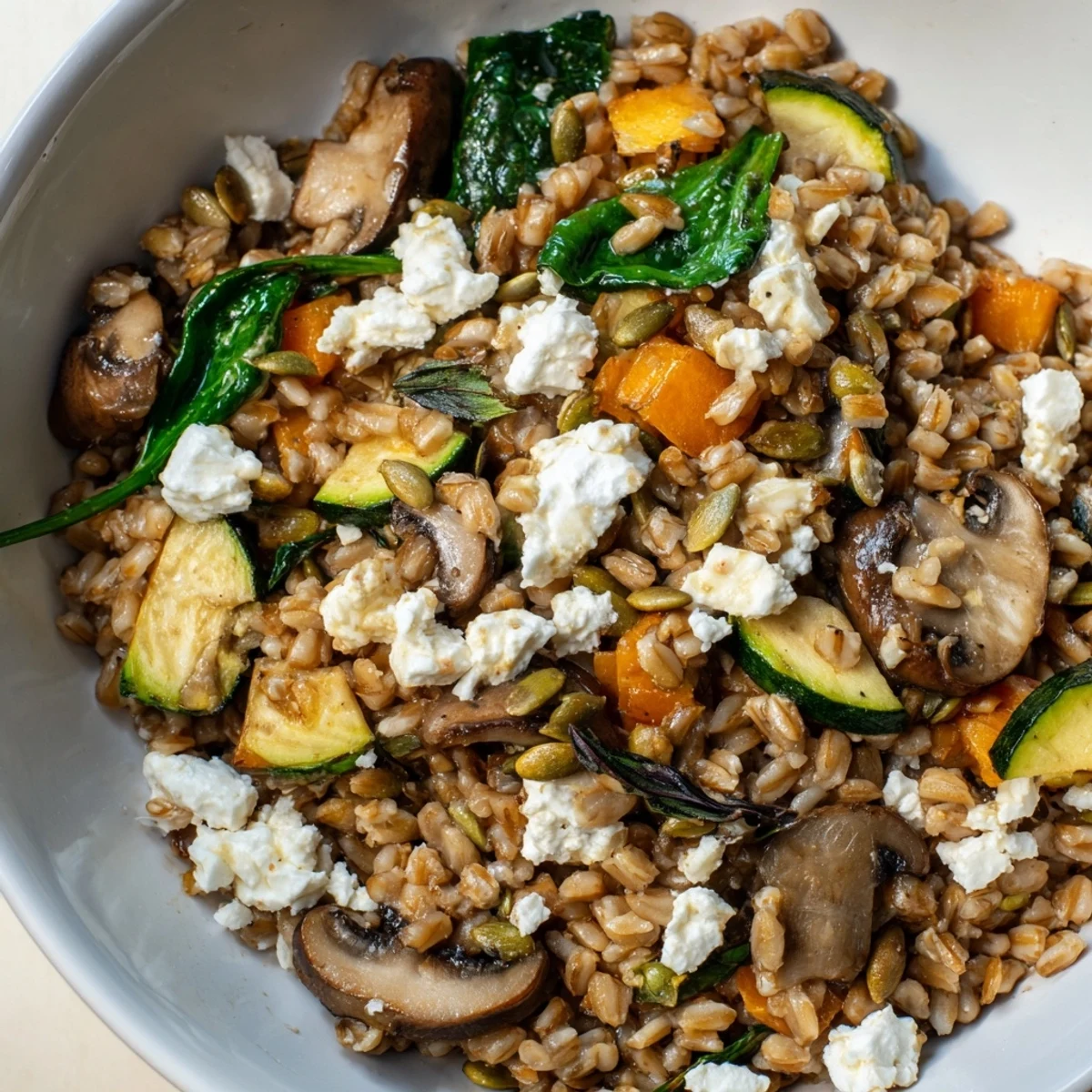 Hearty Cozy Savory Grain bowl topped with pumpkin seeds, spinach, and zucchini, ready to eat.
