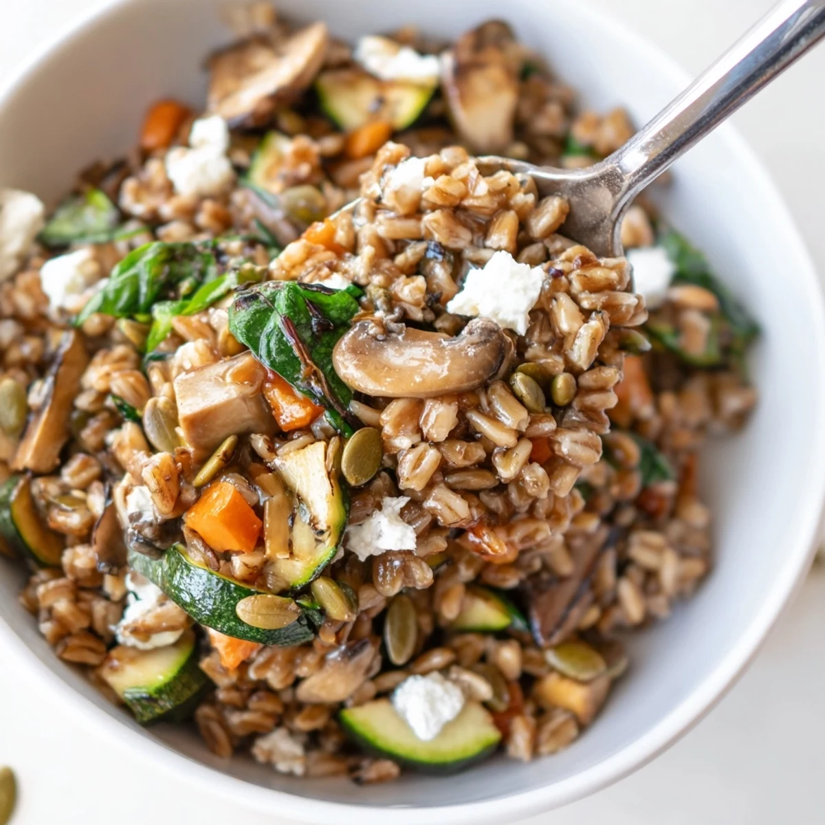 Vibrant Cozy Savory Grain bowl with farro and veggies, drizzled with fresh herb dressing.