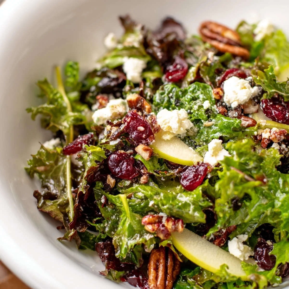 Cranberry Winter Greens salad in a white bowl, featuring crisp mixed greens, tart red cranberries, and toasted pecans.