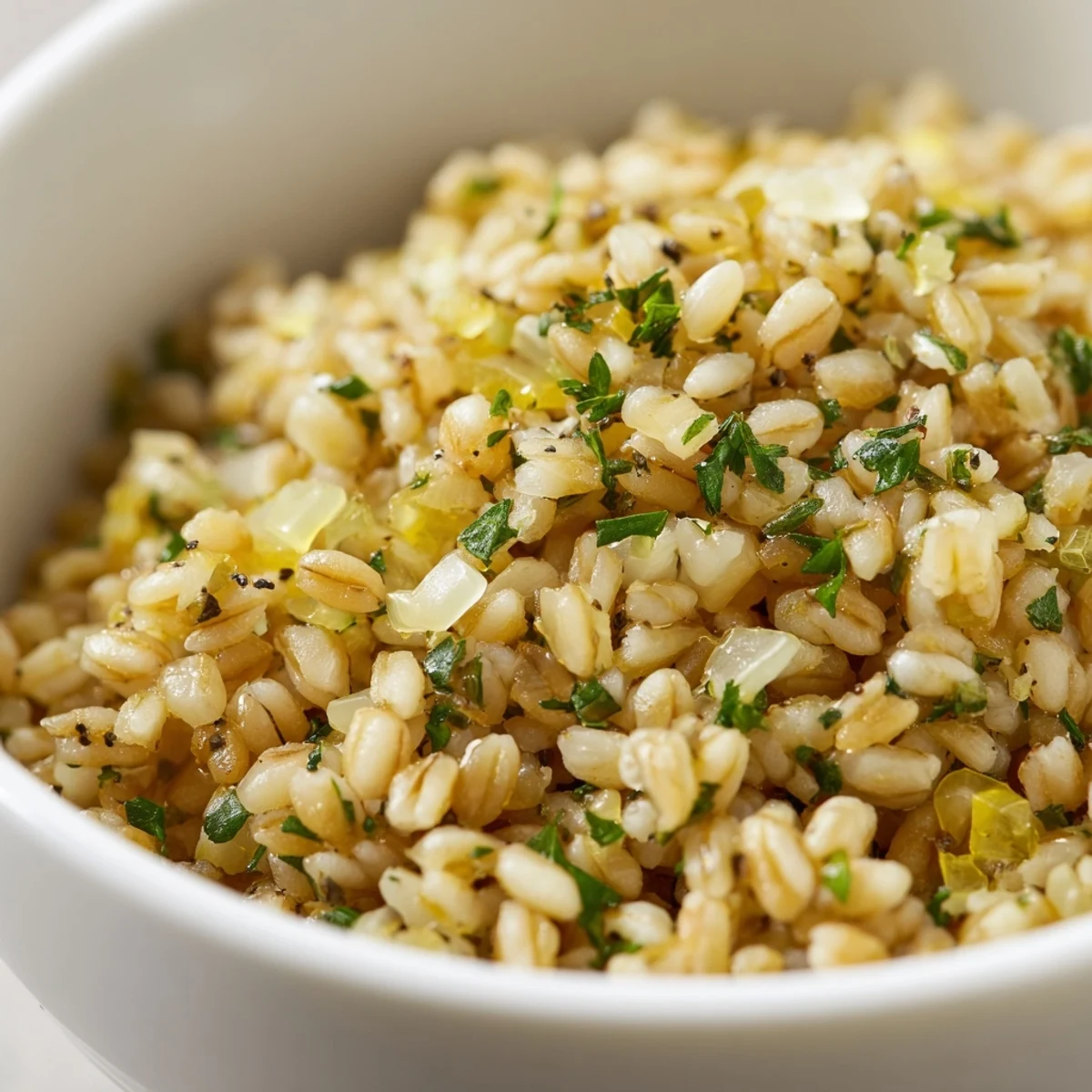 Toasty Barley served warm as a rustic side dish, garnished with fresh parsley and a melting pat of butter.