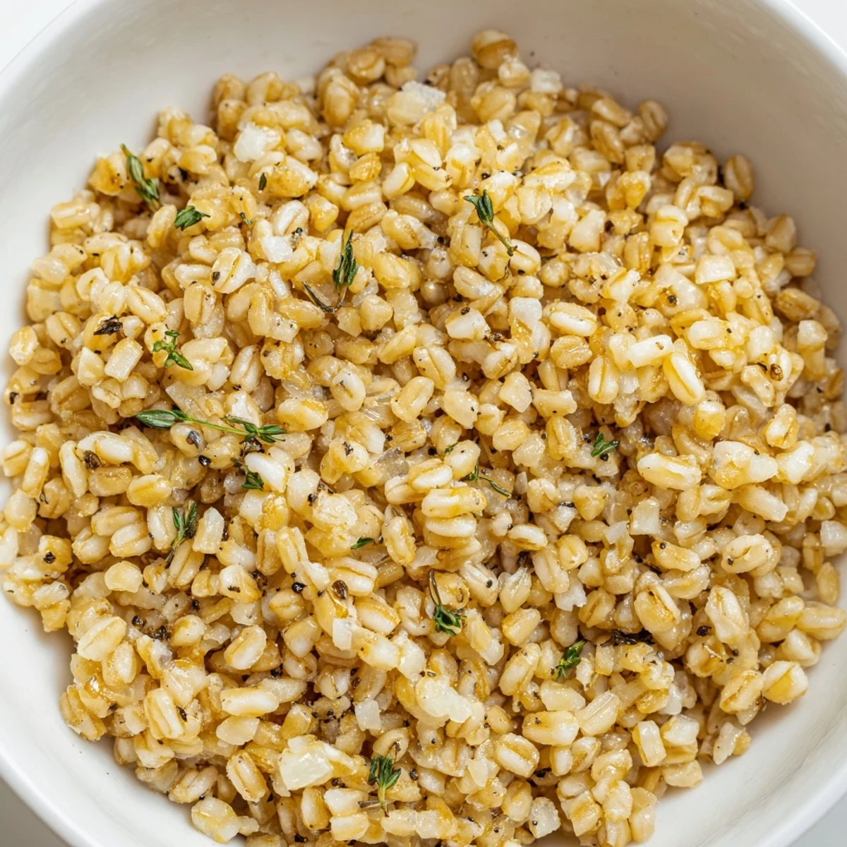 A bowl of golden Toasty Barley with aromatic herbs, perfect alongside roasted chicken or grilled vegetables.