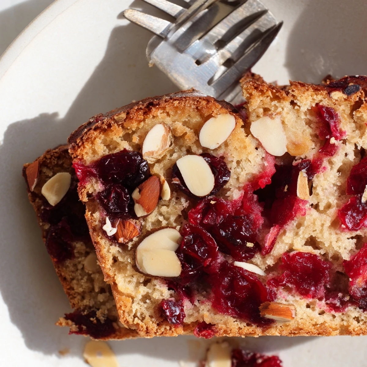 Homemade Cranberry Toasted Almond Bread served warm with tea and orange zest garnish.
