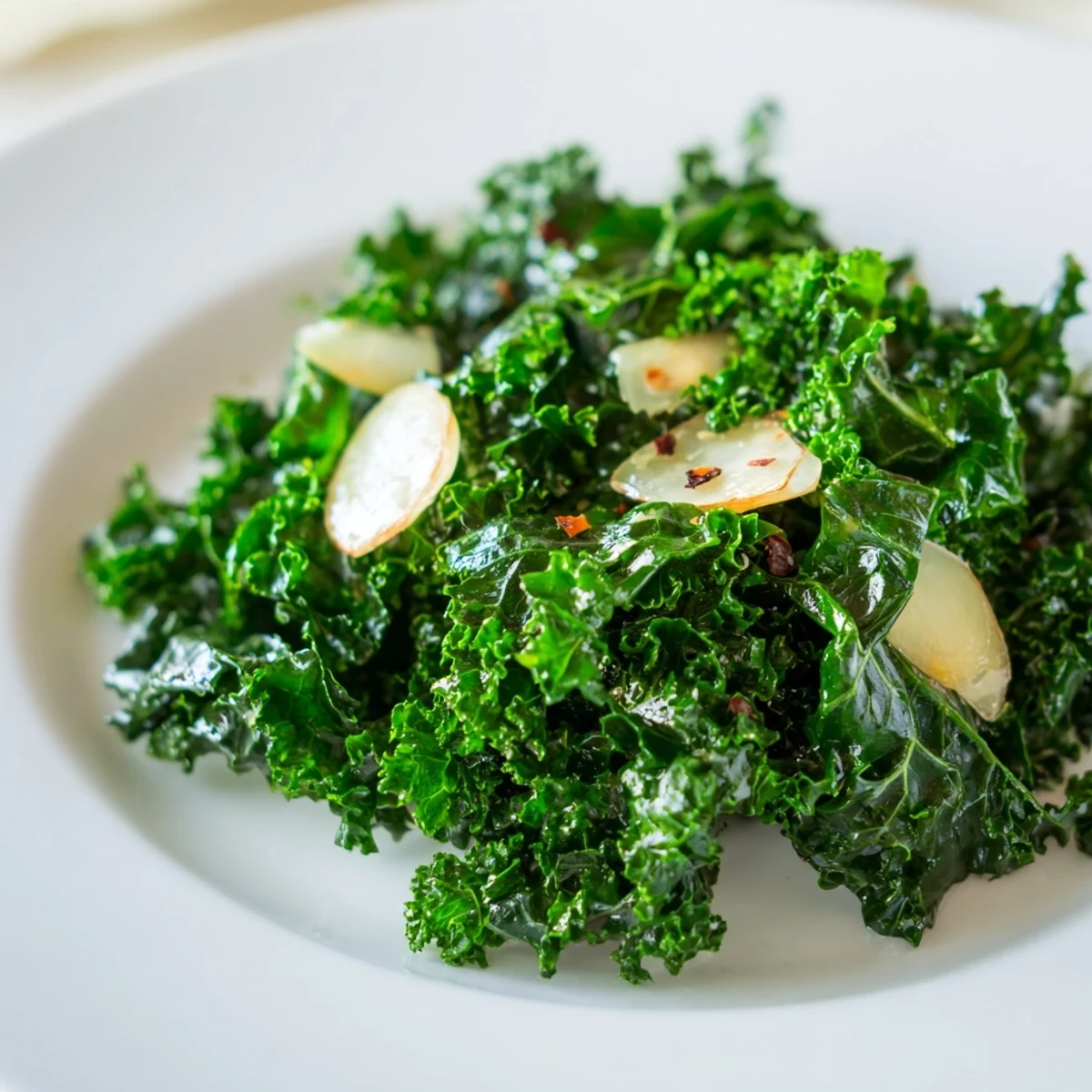 Sautéed Maple Kale with garlic in a skillet, glistening and bright green, ready to serve as a healthy vegan side dish.