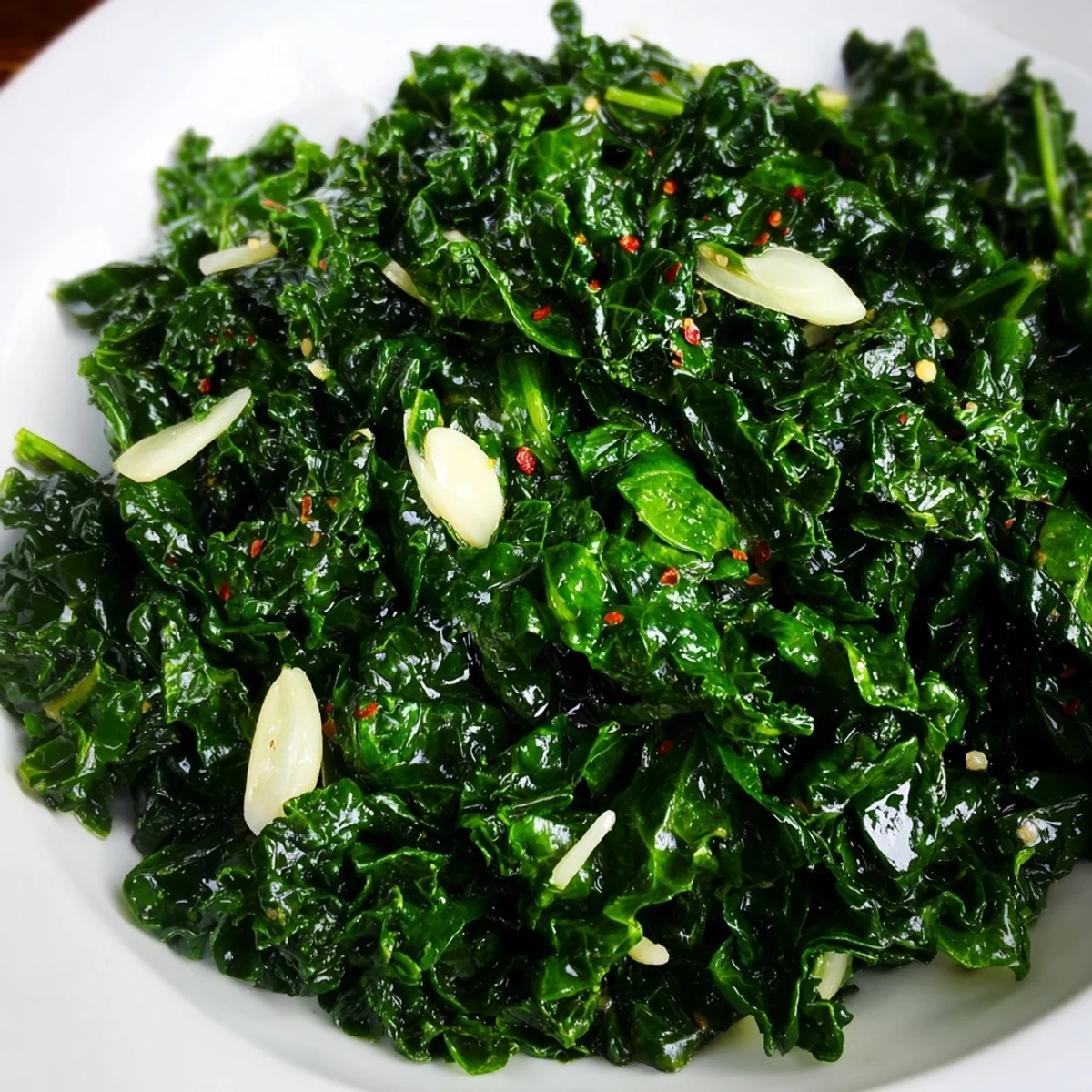 A close-up of vibrant Maple Kale with red pepper flakes, its leaves wilted and coated in a sweet-savory glaze, ideal for healthy meal prep.