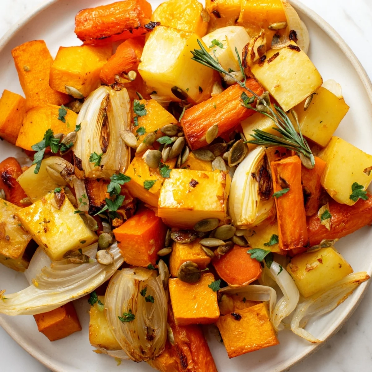 Freshly roasted Winter Golden Veg medley of carrots, parsnips, and butternut squash on a rustic platter, garnished with fresh parsley and pumpkin seeds.