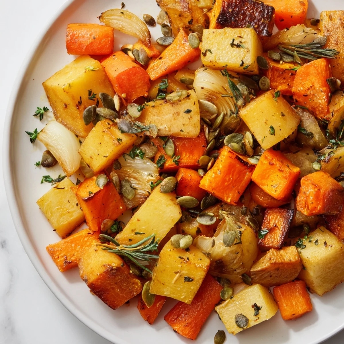 Seasoned Winter Golden Veg root vegetables roasted to tender perfection, featuring Yukon Gold potatoes and onions, ready to serve alongside your favorite meal.