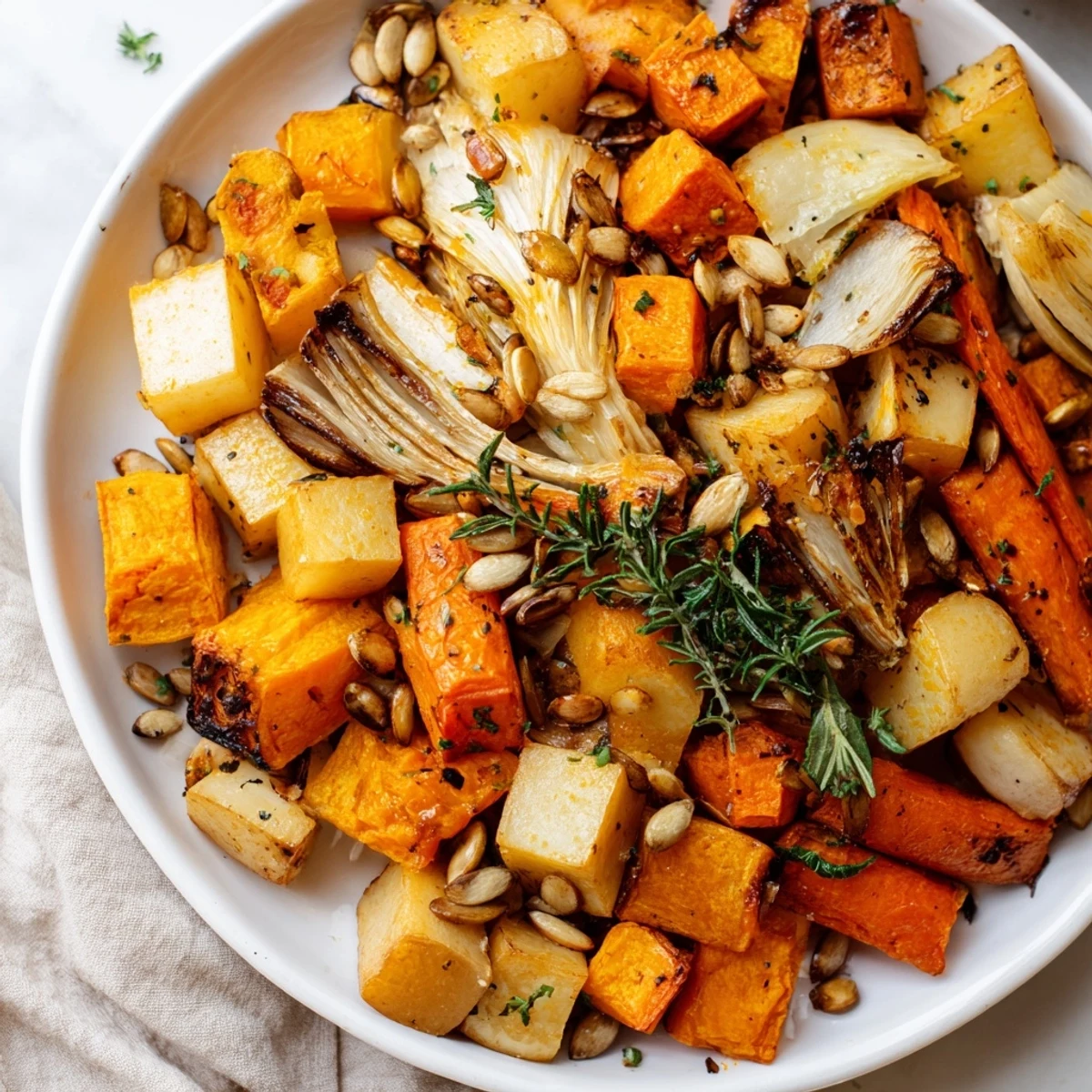 Crispy, golden-brown Winter Golden Veg vegetables seasoned with rosemary and thyme, served warm as a hearty vegetarian main dish or vibrant side.