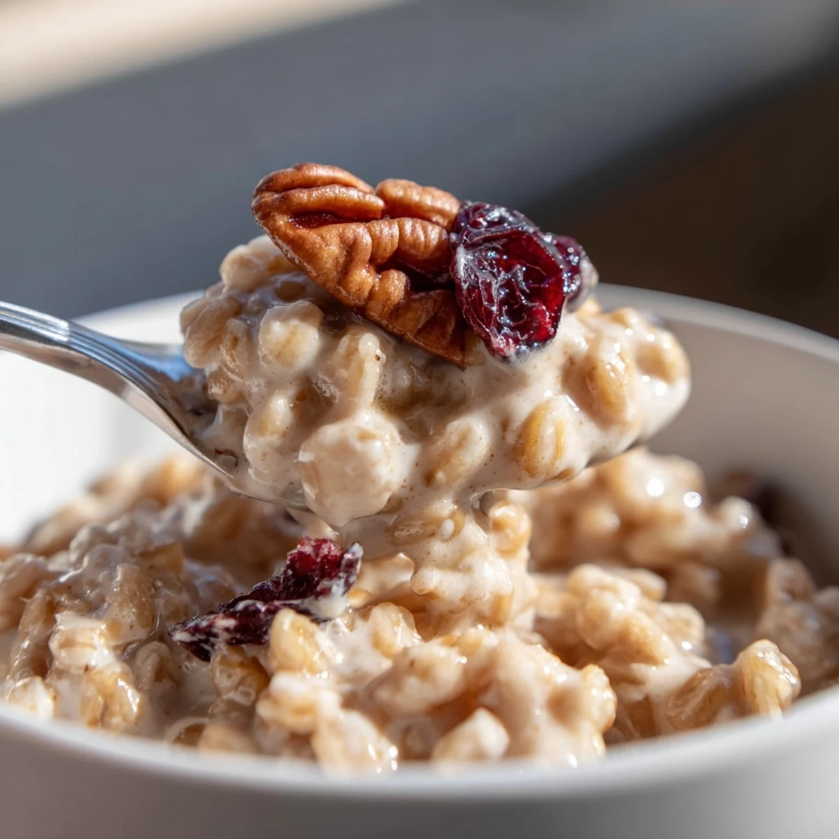 Warm Maple Farro breakfast bowl topped with pecans, diced apple, and a sweet maple drizzle.