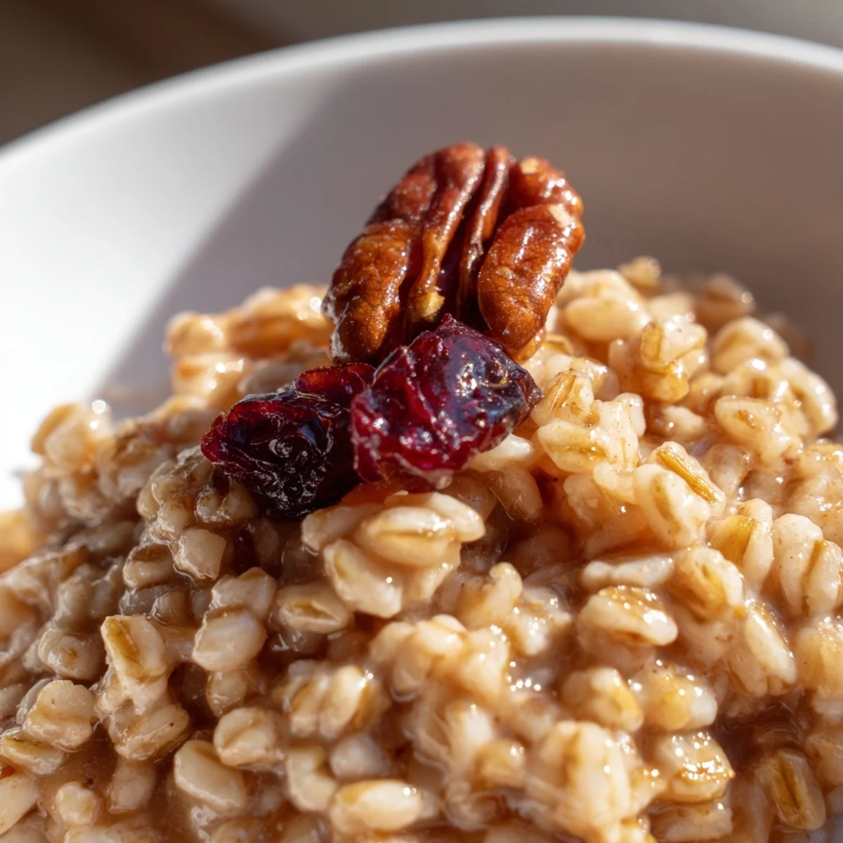 Cinnamon-spiced Maple Farro with dried cranberries, walnuts, and a drizzle of maple syrup for serving.
