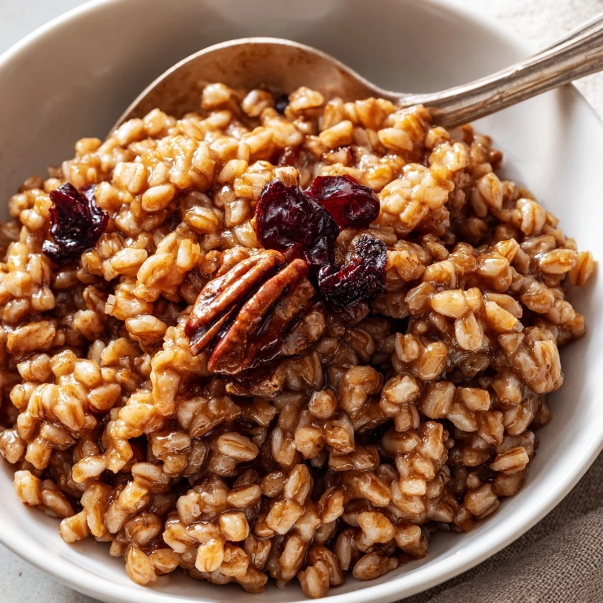 Creamy, cozy Maple Farro with cinnamon and walnuts served warm in a rustic ceramic bowl.