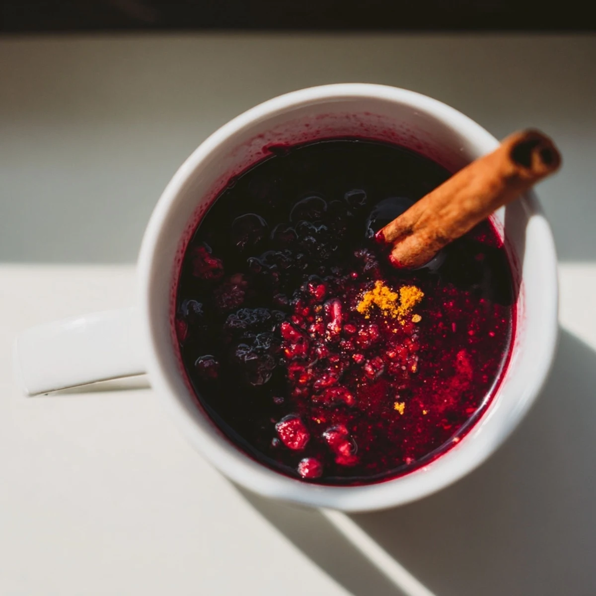 Warm Cozy Berry Blend steaming in a clear mug, garnished with a cinnamon stick and orange slice for a comforting winter beverage.