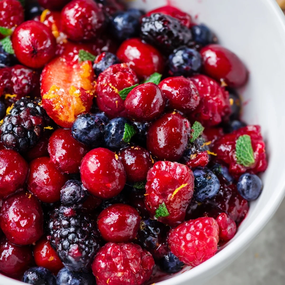 Fresh Winter Berry Blend topped with mint in a white ceramic bowl, glistening with sweet maple and orange zest for a festive, refreshing dessert. 