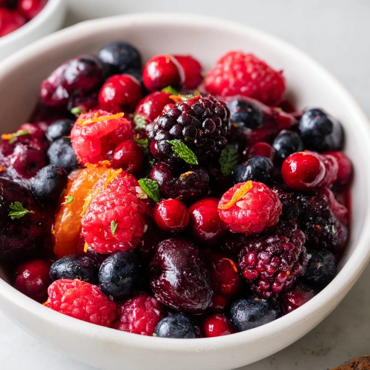 A chilled bowl of Winter Berry Blend featuring vibrant cranberries and blueberries, served as a sweet breakfast topping or side for holiday meals. 