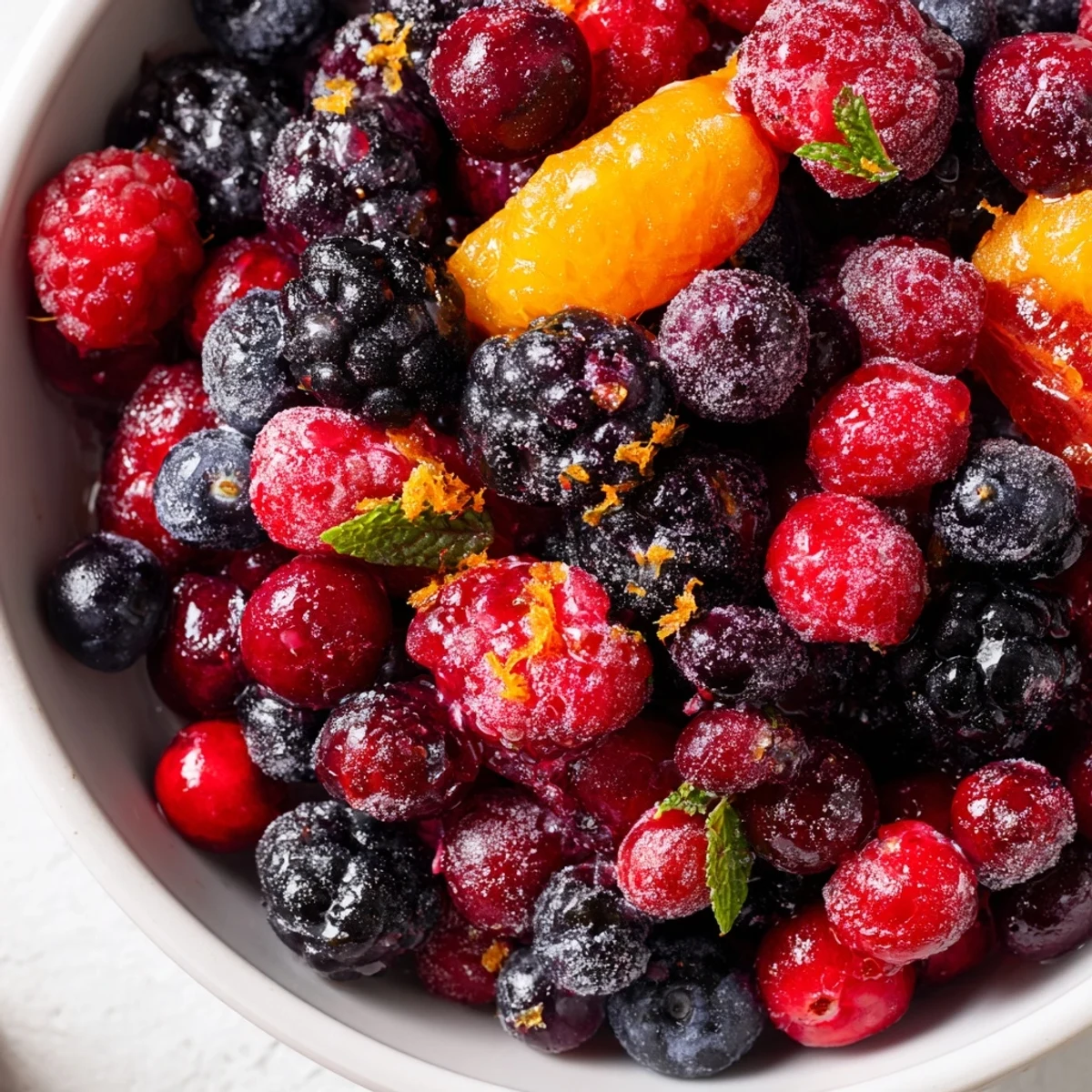 Glossy mixed berries in a Winter Berry Blend tossed with orange zest and syrup, ready to eat straight from the mixing bowl.