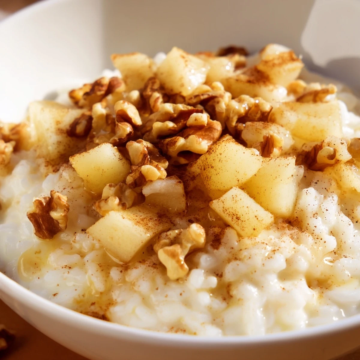 Steaming bowls of homemade Pear Warm Rice, garnished with toasted walnuts and a honey drizzle.