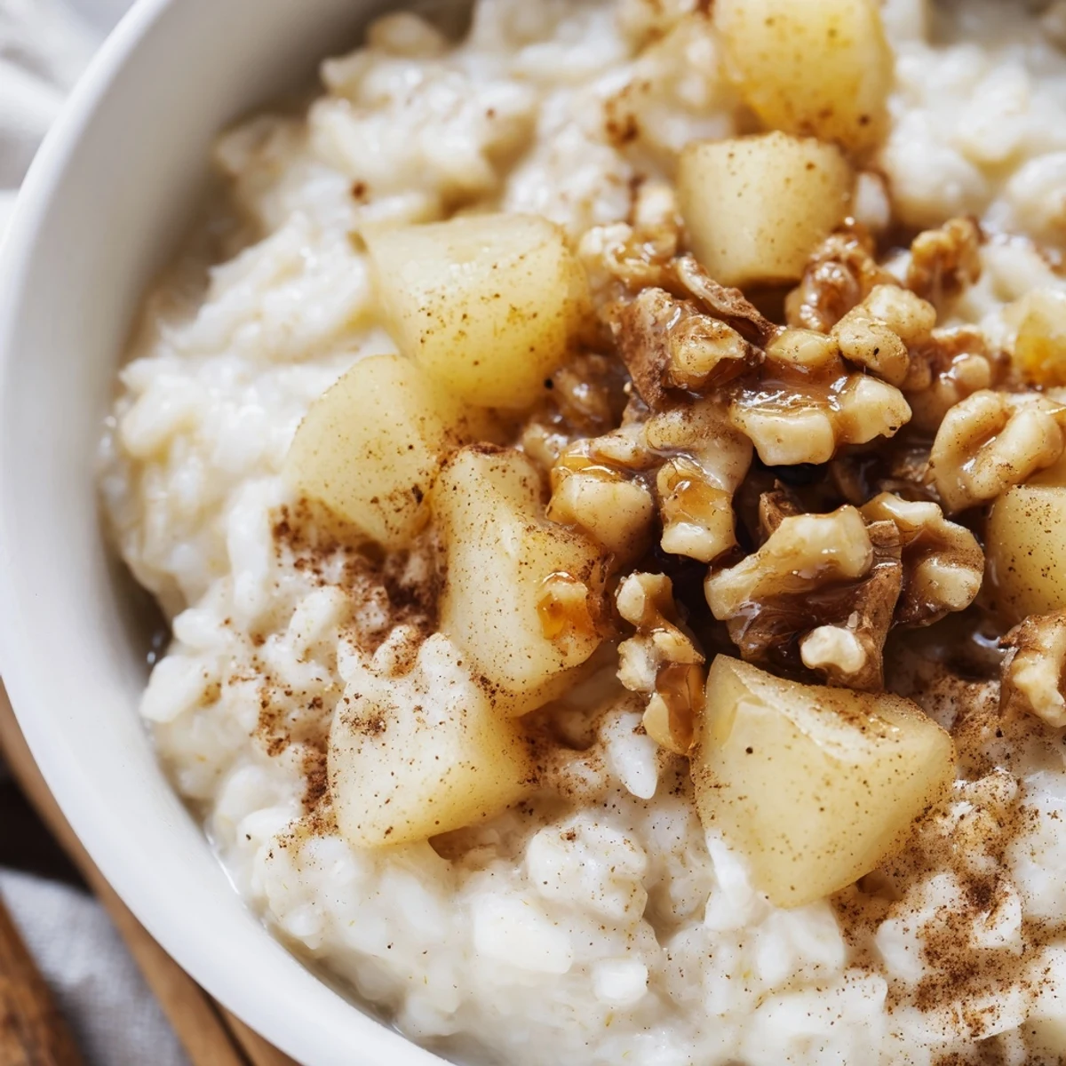 A warm spoonful of creamy Pear Warm Rice featuring tender pears and a sprinkle of cinnamon.