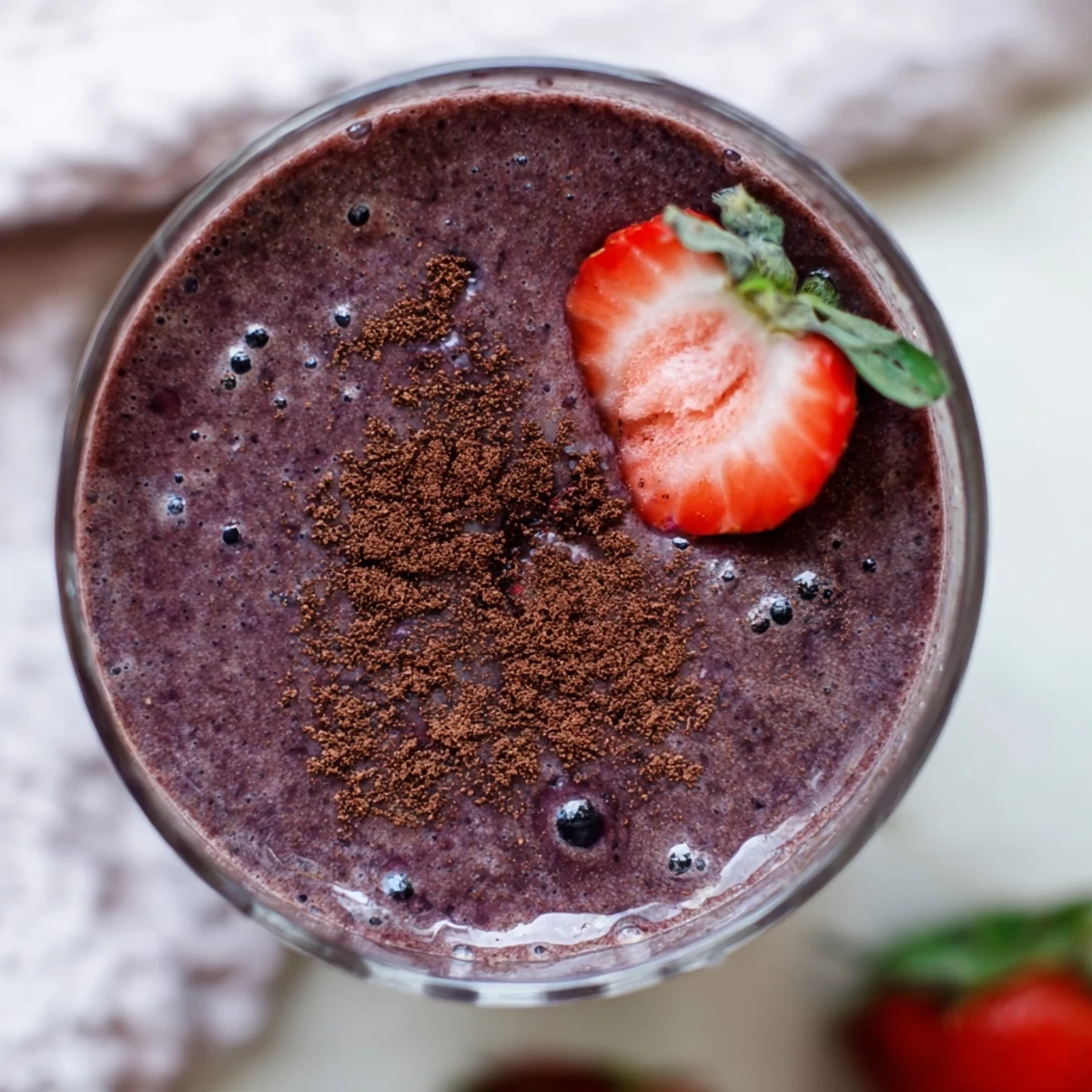 Vibrant, creamy Cranberry Cocoa Berry smoothie served beside a bowl of fresh berries, highlighting its rich cocoa color and antioxidant-rich ingredients.