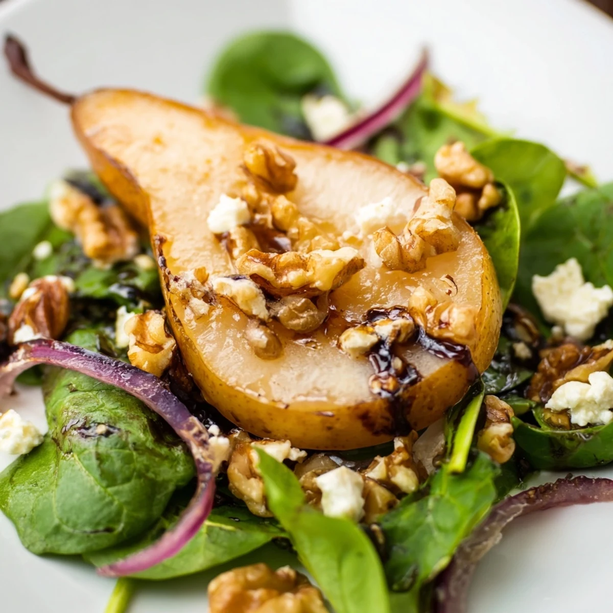 Golden-brown, warm pear slices arranged over fresh mixed greens with toasted walnuts and crumbled goat cheese in a rustic bowl.