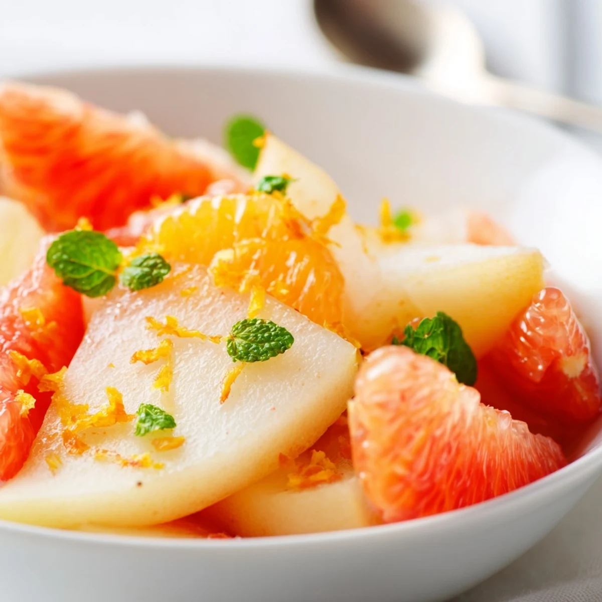 Chilled bowls of Pear Bright Citrus fruit salad with juicy oranges, grapefruit, and a glossy honey drizzle on a rustic table.