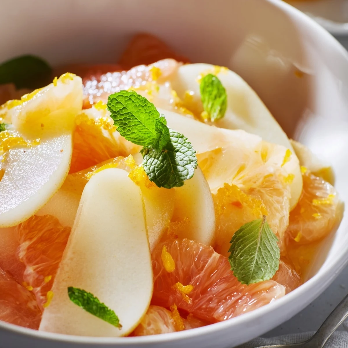 Brightly lit serving platter of Pear Bright Citrus salad topped with orange zest and extra mint leaves, ready for a healthy dessert.
