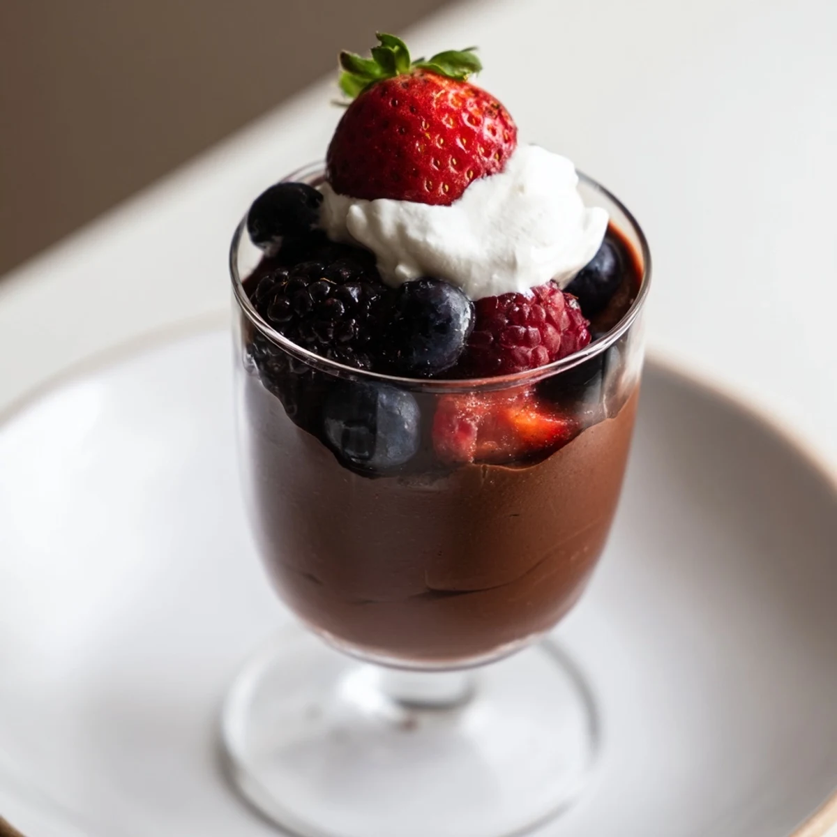 Creamy Frosted Cocoa Berry dessert layered with dark chocolate mousse, macerated berries, and a fluffy cloud of whipped topping in a glass.
