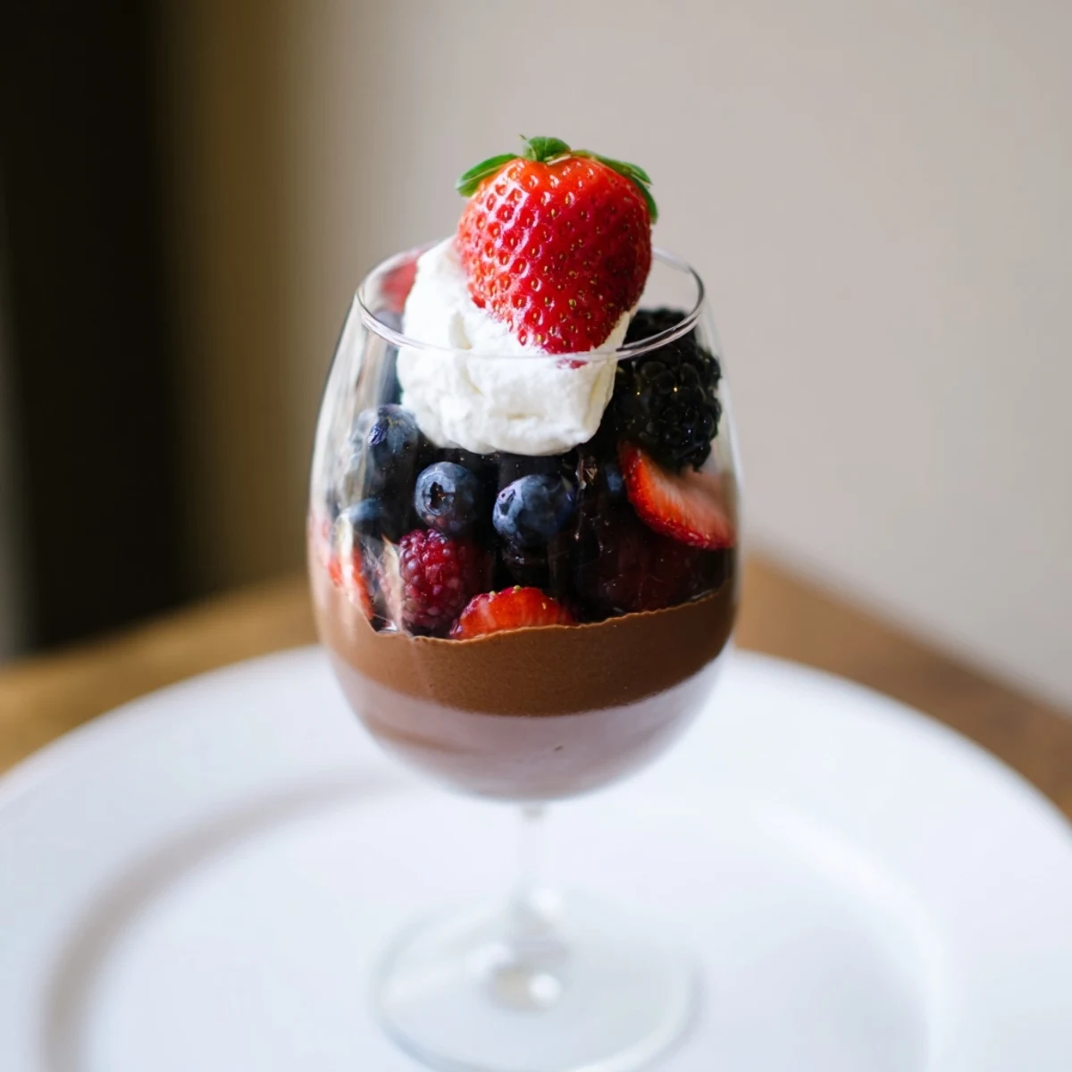 Luscious Frosted Cocoa Berry in a clear glass, showcasing silky cocoa mousse, vibrant mixed berries, and a final swirl of frosted cream.