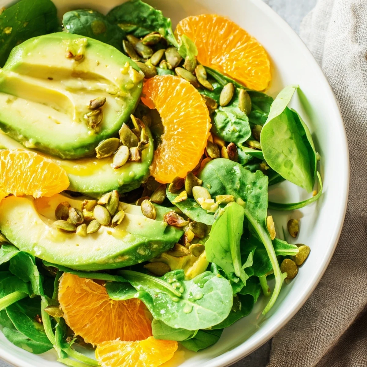 Fresh Emerald Citrus Greens salad with avocado slices and segmented citrus on a white plate.