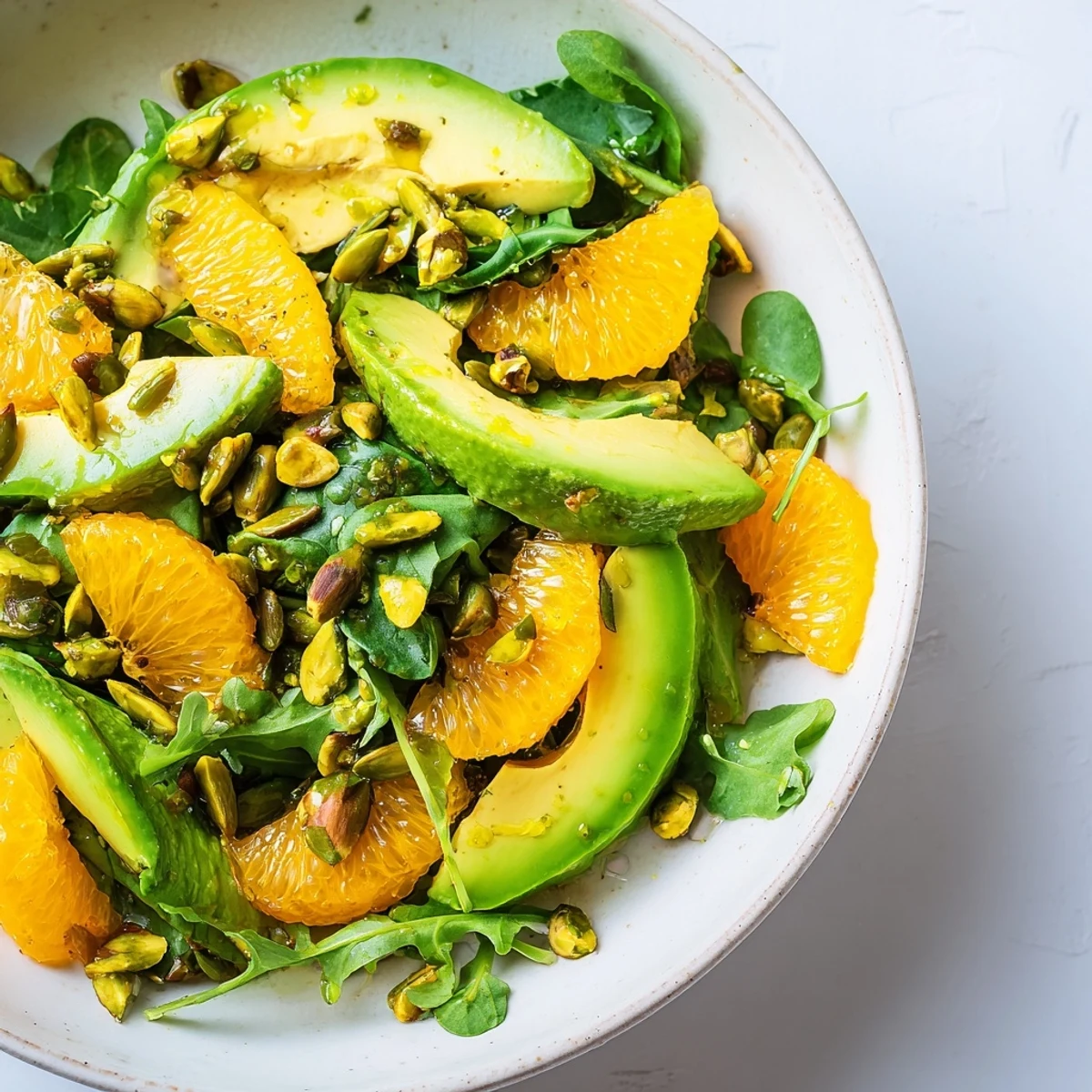 Bright bowl of Emerald Citrus Greens salad featuring juicy grapefruit, orange, and toasted pepitas.