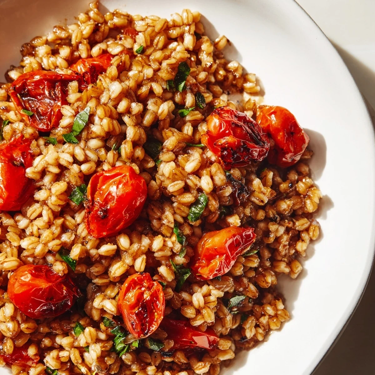 Golden, charred farro is tossed with red onion, bell pepper, and fresh herbs in a skillet.
