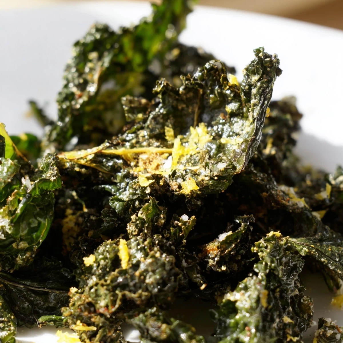 Crispy Toasty Kale roasted with garlic and lemon zest, served in a white bowl. 