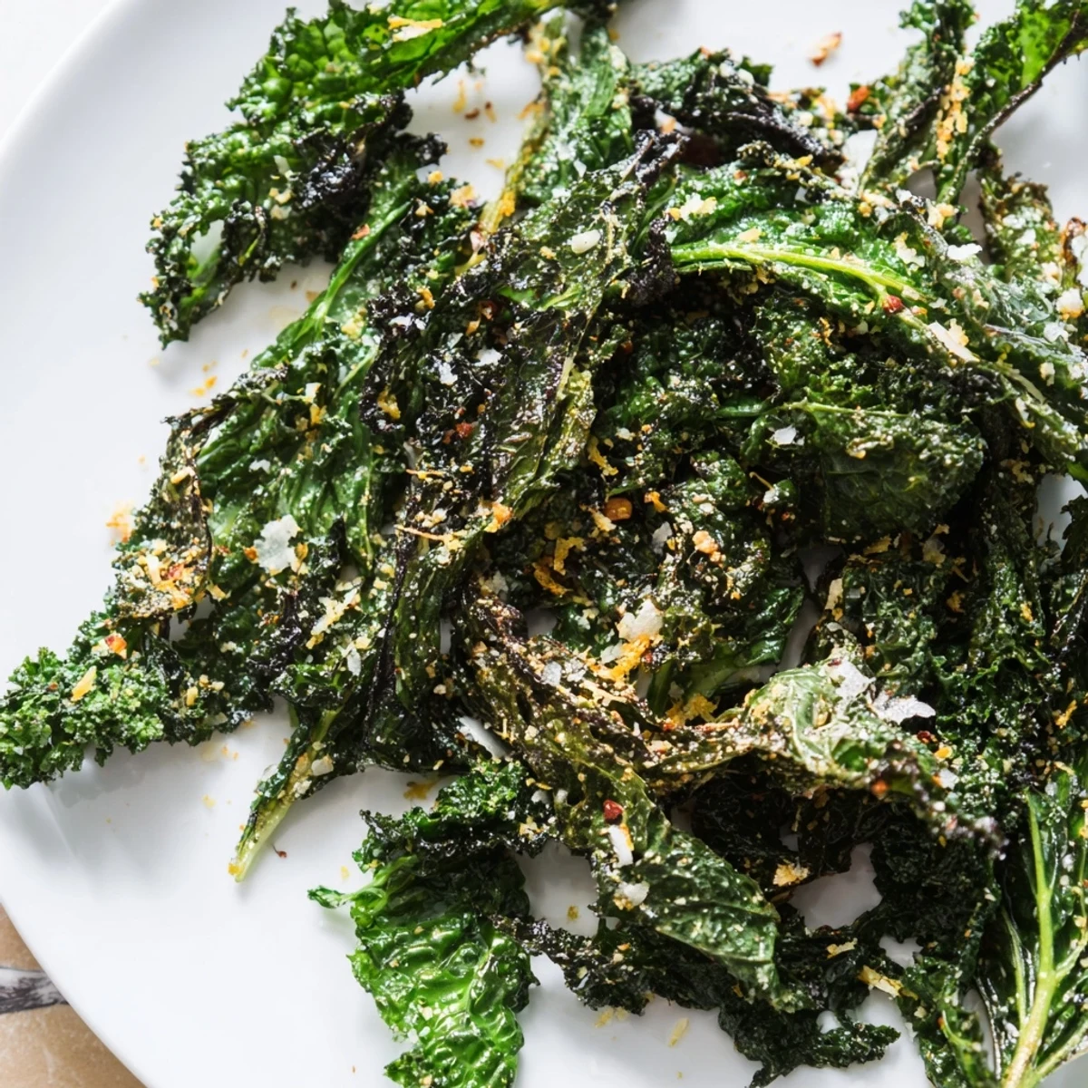Freshly baked Toasty Kale garnished with chili flakes and optional Parmesan cheese. 
