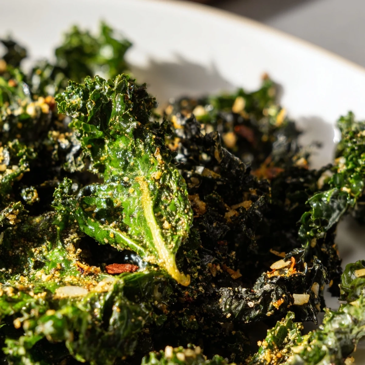 Golden Toasty Kale arranged on a rustic wooden board with lemon wedges nearby.