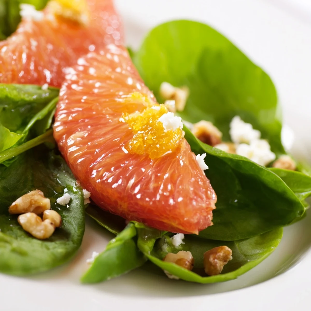 Fresh baby spinach and arugula topped with bright citrus segments and crunchy toasted nuts in Nutty Bright Citrus salad.
