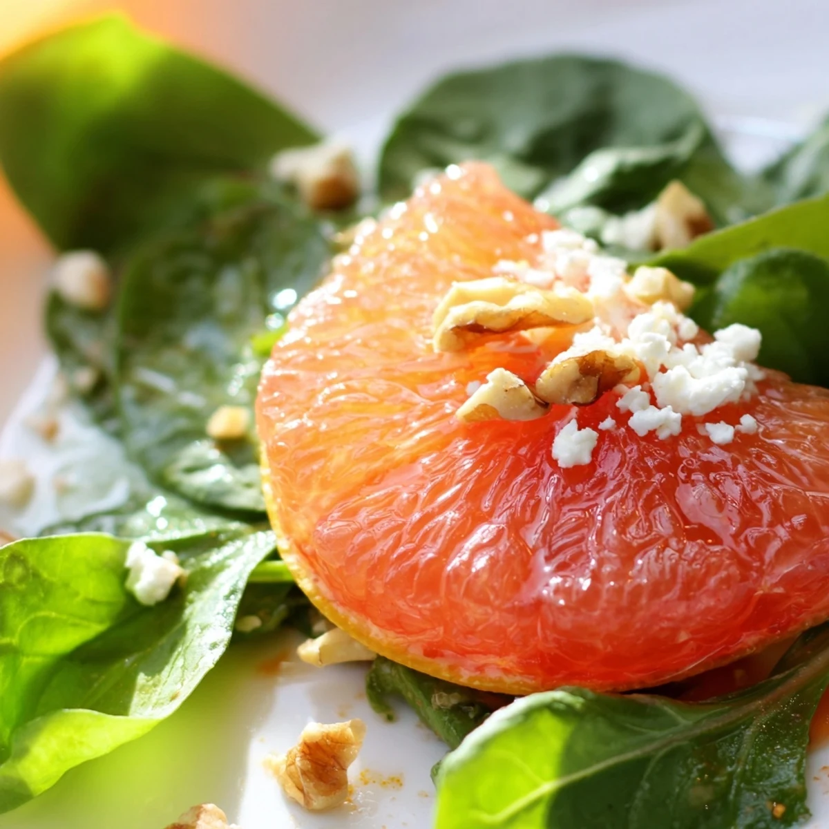 A close-up of Nutty Bright Citrus salad with juicy orange and grapefruit, creamy goat cheese, and a light honey-Dijon dressing.