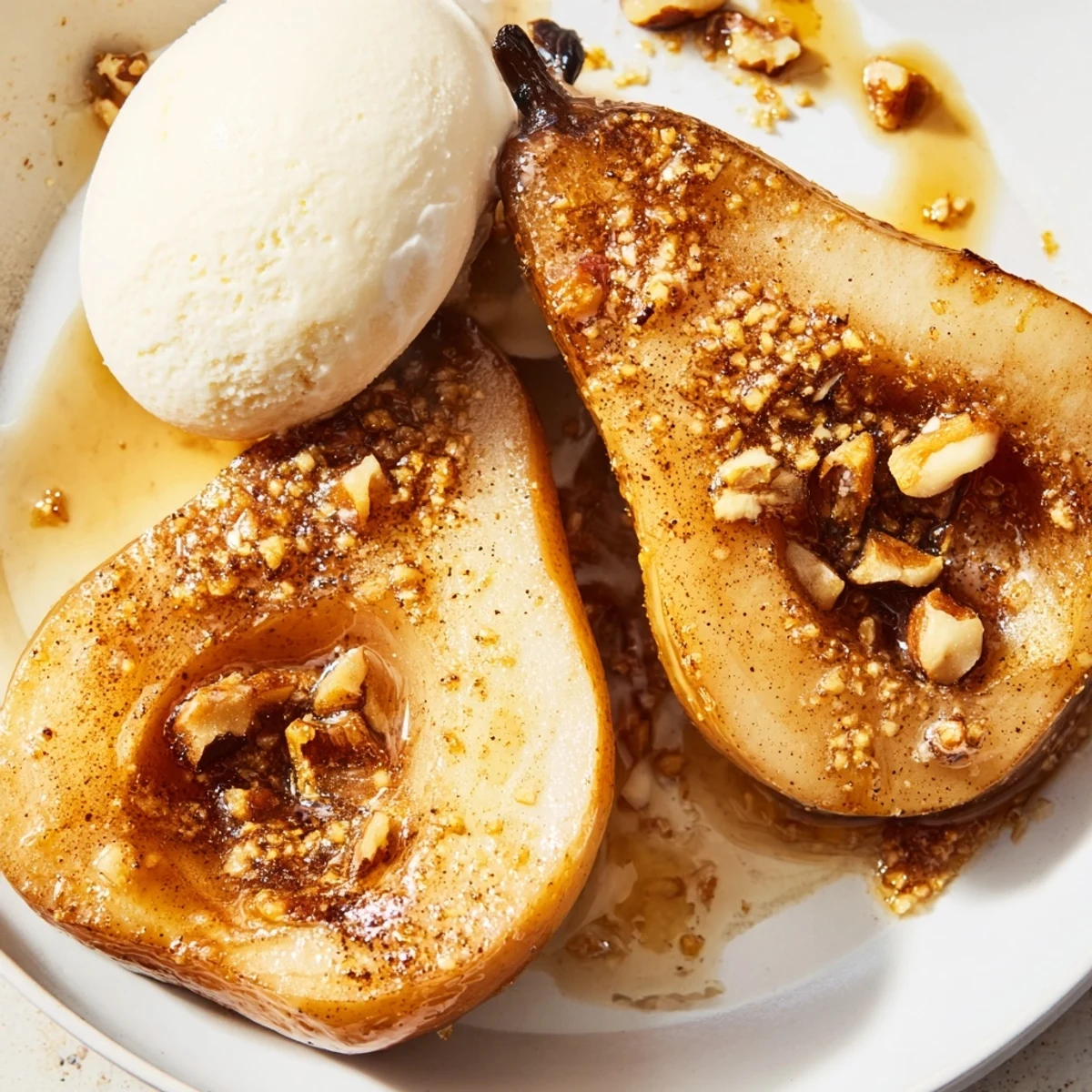 Close-up of Roasted Ginger Pear halves with caramelized edges, walnuts, and fresh lemon zest garnish.