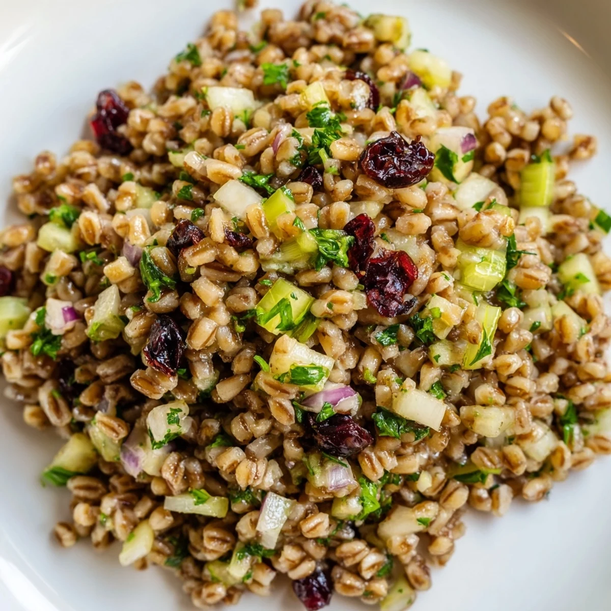 Freshly prepared Cranberry Barley served in a white bowl, ideal for Thanksgiving dinner or a vegetarian main.